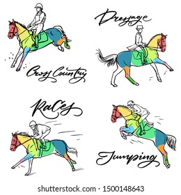 Нand drawn colorful graphic: horse riding. Equestrian sport like races, dressage, jumping and cross country illustration for your design