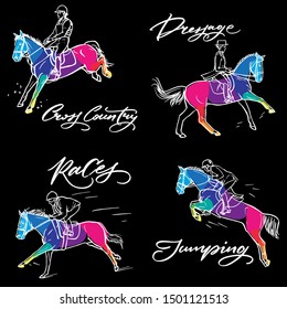 Нand drawn colorful graphic: horse riding. Equestrian sport like races, dressage, jumping and cross country illustration for your design on black background