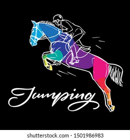 Нand drawn colorful graphic: horse riding. Equestrian sport like jumping  illustration for your design on black background