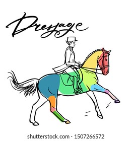 Нand drawn colorful graphic: horse riding. Equestrian sport like dressage illustration for your design