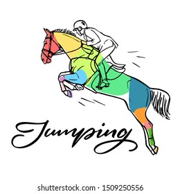 Нand drawn colorful graphic: horse riding. Equestrian sport like jumping  illustration for your design