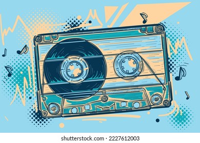 Drawn colorful musical audio cassette design