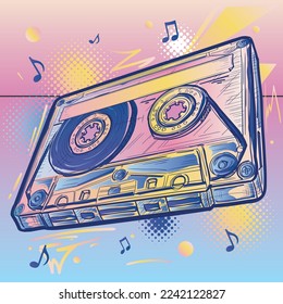 Drawn colorful musical audio cassette design