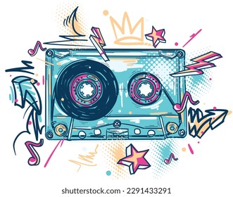 Drawn colorful musical audio cassette graffiti design