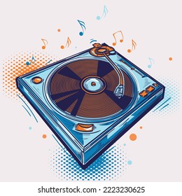 Drawn colorful retro music turntable and notes