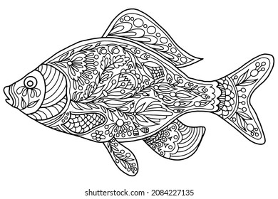 drawn coloring fish with flowers and linear ornaments in folk style on a white background, vector