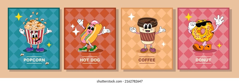 Drawn comics characters fast food. Posters with bright colors and text blocks. suitable for decorating a cafe or menu. In vintage style. Sketch.