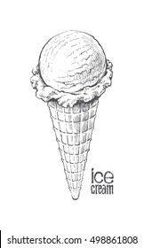 Drawn cone ice cream, vector illustration, retro style, Sketch