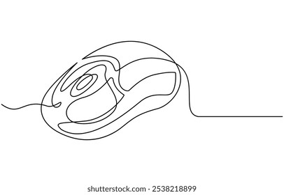 Drawn continuous one line computer mouse logo. Vector illustration, Computer Mouse Black Stroke Linear Icon, Mouse computer one continuous single line art drawing. Minimal art style. Computer mouse