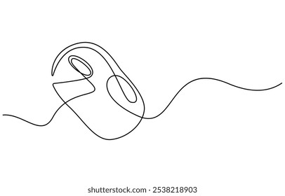 Drawn continuous one line computer mouse logo. Vector illustration, Computer Mouse Black Stroke Linear Icon, Mouse computer one continuous single line art drawing. Minimal art style. Computer mouse