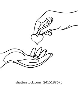 drawn in a continuous single line, a hand gives a heart to its partner. Romantic couple