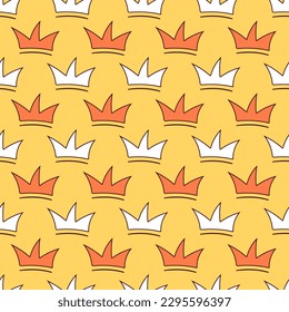 Drawn contour crown on a yellow background. Seamless pattern white and orange tiara. Prince and princess, king and queen. Children drawing. Vector illustration.