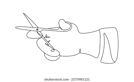 Drawn correct position of surgical scissors in the surgeon's hand. A cutting medical instrument designed to cut skin, joints, cartilage, and rib bones, which is used in almost every operation.