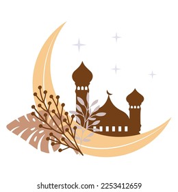 Drawn crescent with mosque on white background. Concept of Ramad