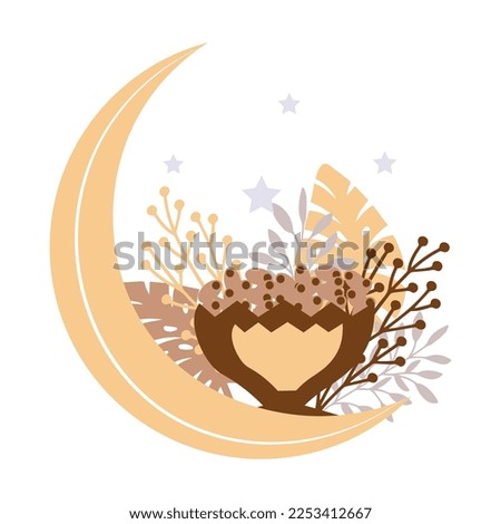 Drawn crescent with traditional Arabic dates on white background