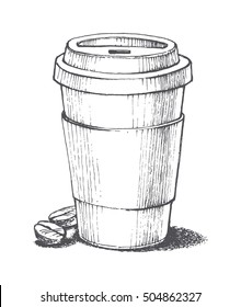 drawn cup of coffee with coffee beans, take away, vector illustration