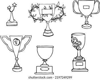 Ziehe eine Tasse des Gewinners. Einfache Zeichnung. Cup-Skizze. Wettbewerb. Sieg. Sport. Rasse. Symbole. Ink. Goblet. 