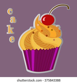 drawn cupcake with cream and cherry in vector