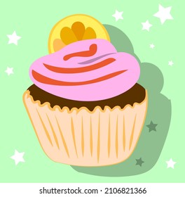 Drawn cupcake icon with pink cream and orange slice. Green background with stars and cake shadow. Sweet food. Vector flat
 illustration.