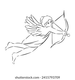 Drawn Cupid with bow and arrow on white background