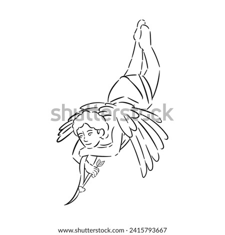 Drawn Cupid with bow and arrow on white background