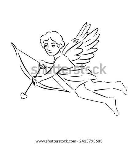 Drawn Cupid with bow and arrow on white background