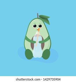drawn cute avocado sits and drinks water, vector illustration