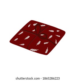 Drawn cute burgundy gift box with print, vector illustration, doodle style. Beautiful festive wrapper. On a white background. For the design of postcards, posters. Edenic element