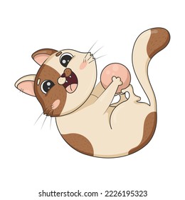 Drawn cute cat funny lying on his back grabbing the ball and kicking it with his paws is played isolated on a white background