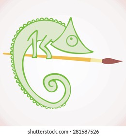 drawn cute chameleon on the brush to draw