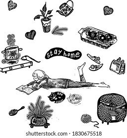 Drawn cute doodles, coronavirus, Covid-19, stay at home, work at home. Protection from the pandemic. Home elements isolated on a white background.