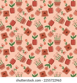 Drawn cute Heart Rose Flower Seamless pattern, love design on background, Valentine's day Texture