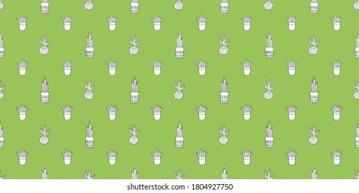 drawn cute pattern cacti on green background seamless. Cactus seamless pattern. Wildlife wallpaper background. Cacti fabric print texture. Succulent plant textile surface. Hand-drawn.