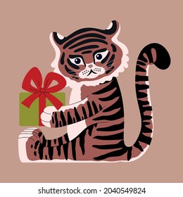 drawn cute tiger with a gift in its paws. vector flat illustration in modern style. year of the tiger 2022. children's style. for Christmas cards, posters, magnets
