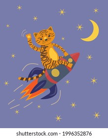 drawn cute tiger sitting on a blue rocket waving his paw and flying in the sky