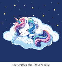Drawn cute unicorn with colorful hair and horn sweetly sleeping on a cloud on dark blue background with stars. Vector illustration in flat cartoon style.