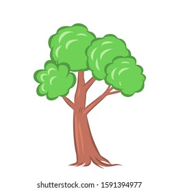 Drawn deciduous tree with a trunk and a green crown. There are strong crowns below. Vector isolated illustration in cartoon style.