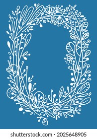 drawn decorative frame with plants, flowers, leaves and branches on a blue background 