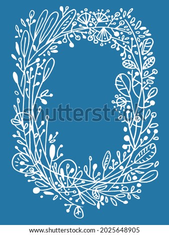 drawn decorative frame with plants, flowers, leaves and branches on a blue background 