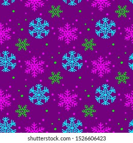 Drawn decorative snowflakes vector seamless pattern. Purple, green, blue and lilac colors.