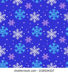 Drawn decorative snowflakes vector seamless pattern. Blue background.