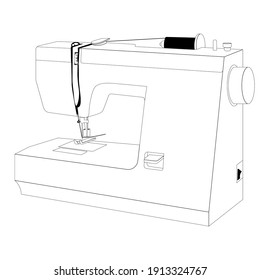 Drawn diagram black outline sewing machine with spool of thread