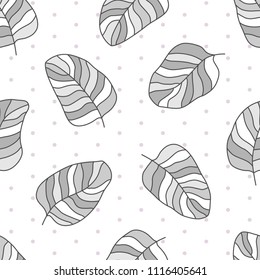 Drawn different cartoon bird feathers made in grey colors on white background with polka dots. Vector abstract seamless pattern.