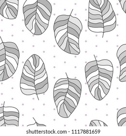 Drawn different cartoon bird feathers made in grey colors on white background with polka dots. Vector abstract seamless pattern.
