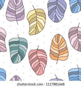 Drawn different cartoon bird feathers made in different colors on white background with polka dots. Vector abstract seamless pattern.
