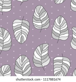 Drawn different cartoon bird feathers made in grey colors on dark pink purple background with polka dots. Vector abstract seamless pattern.