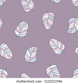 
Drawn different cartoon bird feathers made in different gentle nude colors rotated in different directions on purple pink background. Vector abstract seamless pattern.