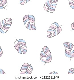 
Drawn different cartoon bird feathers made in different gentle nude colors rotated in different directions on white background. Nature elements. Vector abstract seamless pattern.