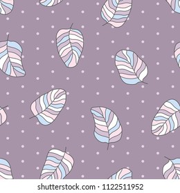 
Drawn different cartoon bird feathers made in different gentle nude colors rotated in different directions on purple pink background with polka dots. Vector abstract seamless pattern.