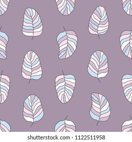 
Drawn different cartoon bird feathers made in different gentle nude colors on purple pink background. Vector abstract seamless pattern.